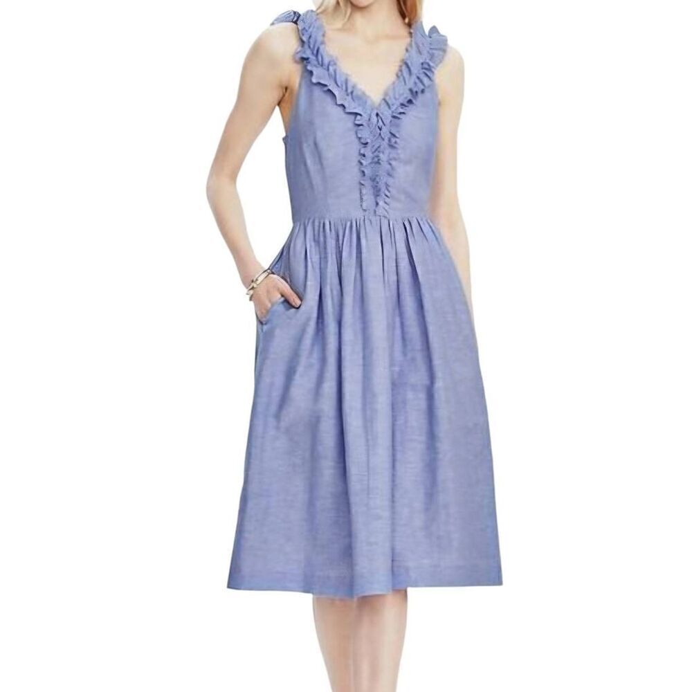 Banana Republic Linen Dress Women's 0 Blue Chambray Ruffle Sleeve Cotton
